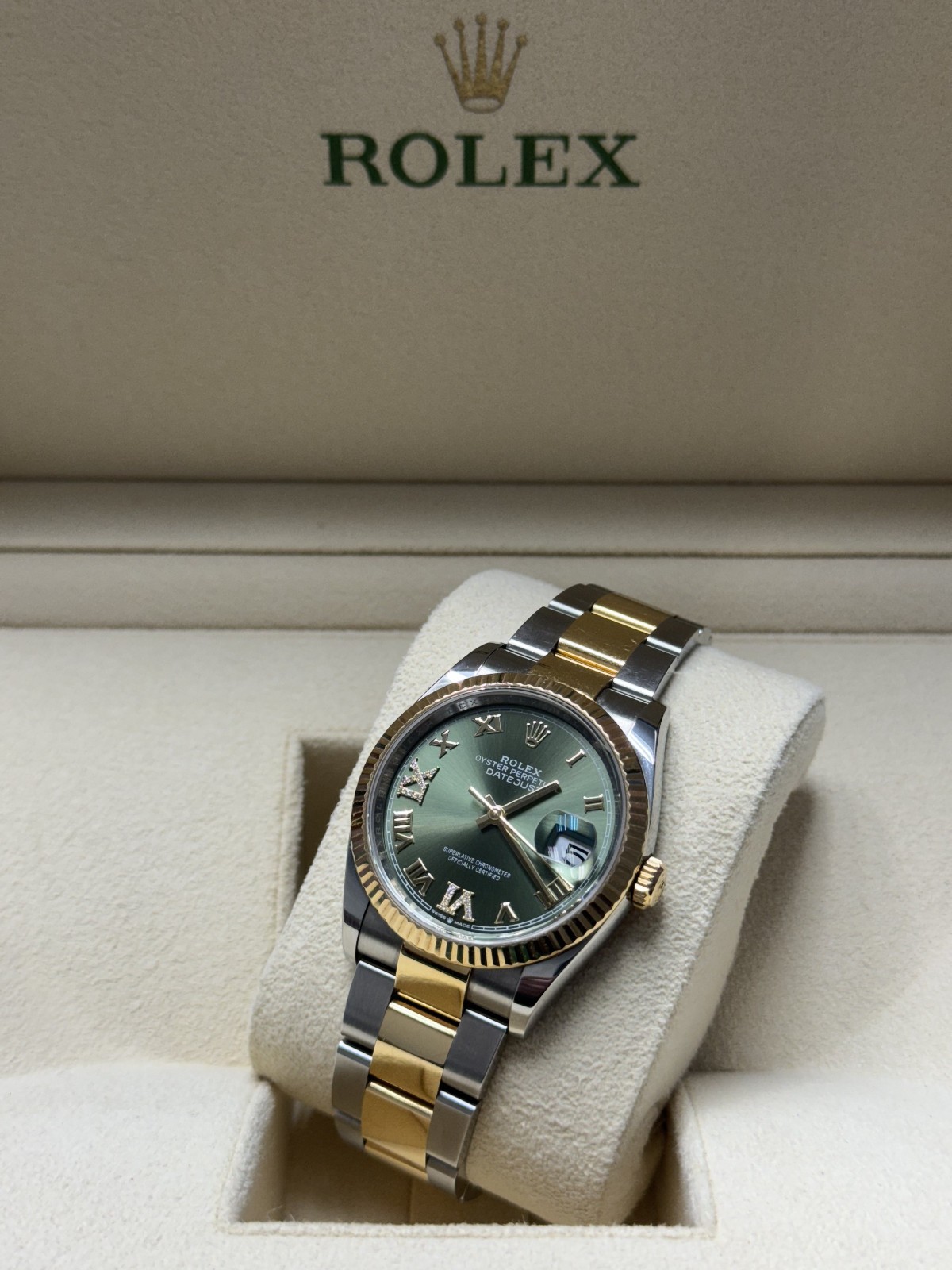 Rolex Datejust 36mm FULL SET BOX &PAPERS Two-Tone Gold Diamond Green Dial 126233