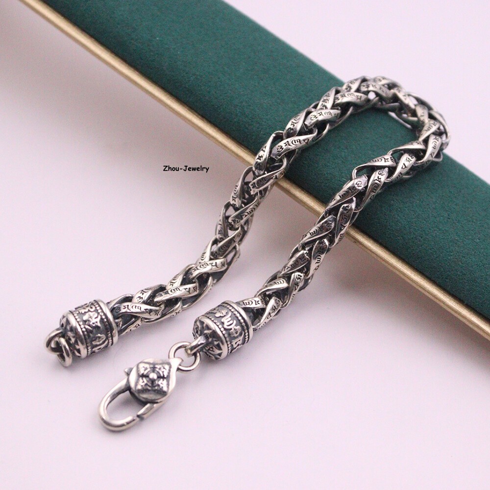 Solid S925 Sterling Silver Chain 6mm Cross Wheat Link Bracelet 34-35g 7.9inch