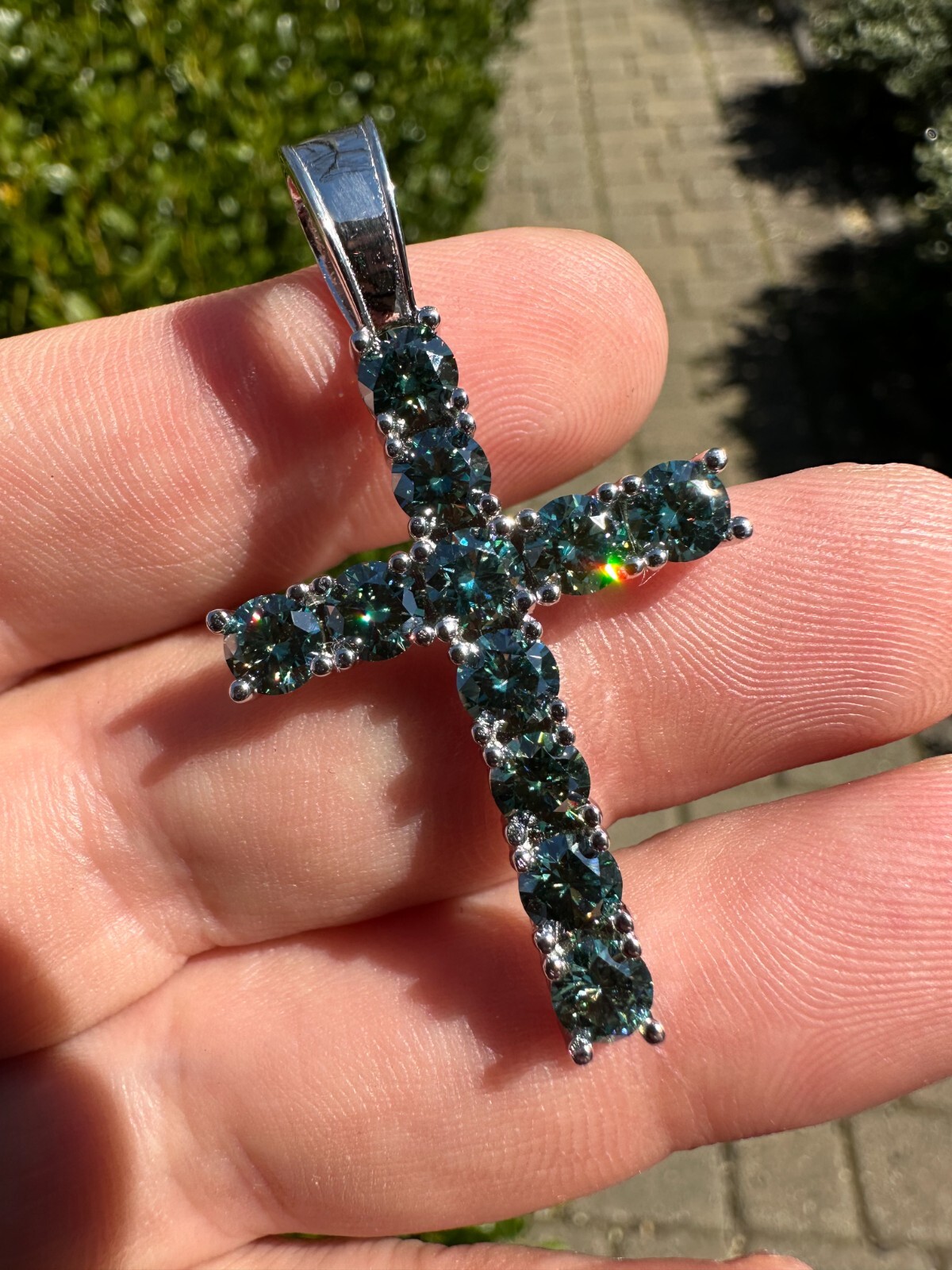 Green Blue MOISSANITE Real 925 Silver Tennis Cross Iced Pendant Necklace Hip Hop