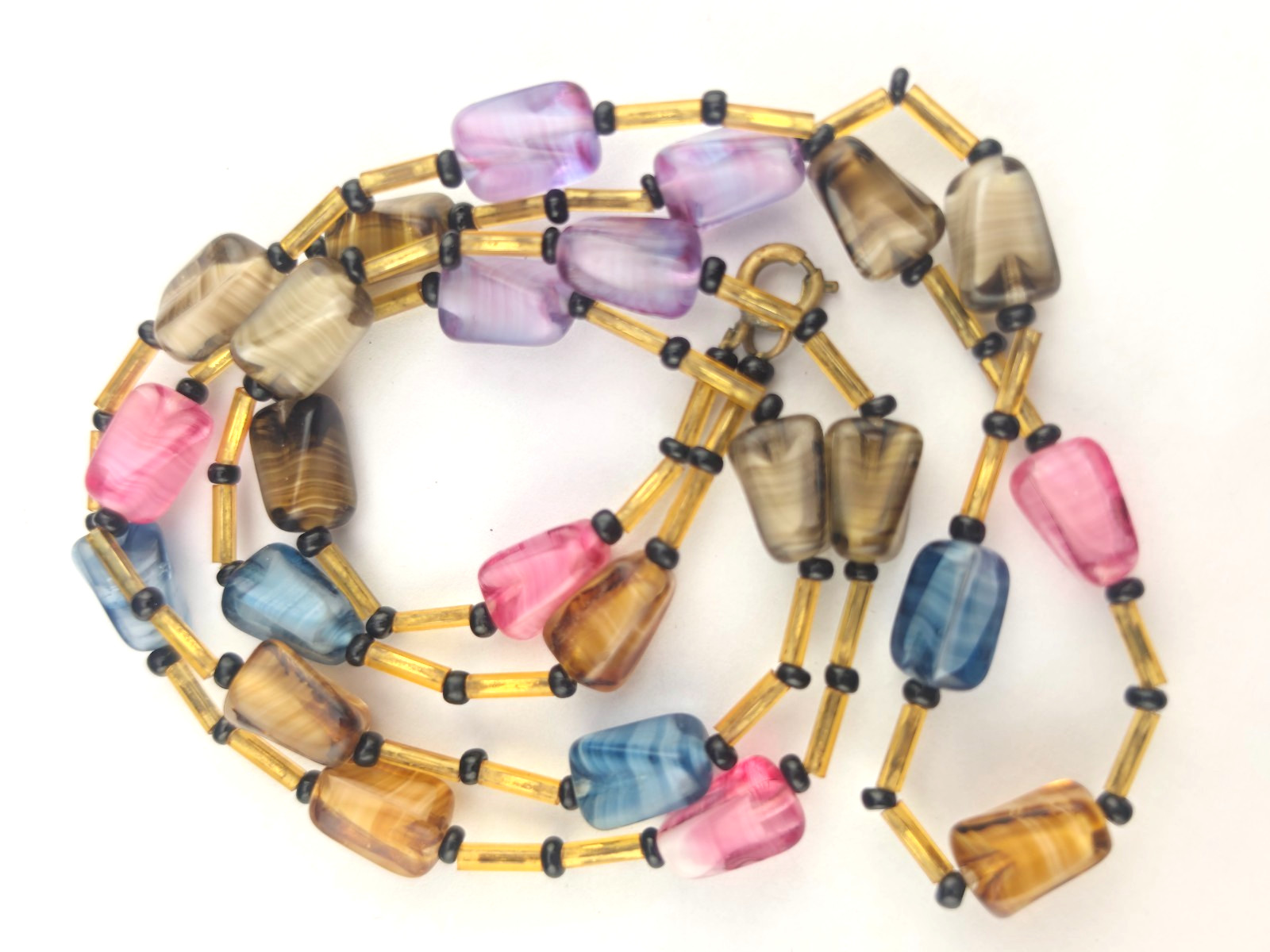 Vintage Antique Givre Glass Beads 28″ Necklace Pink Purple Blue Gray Brown