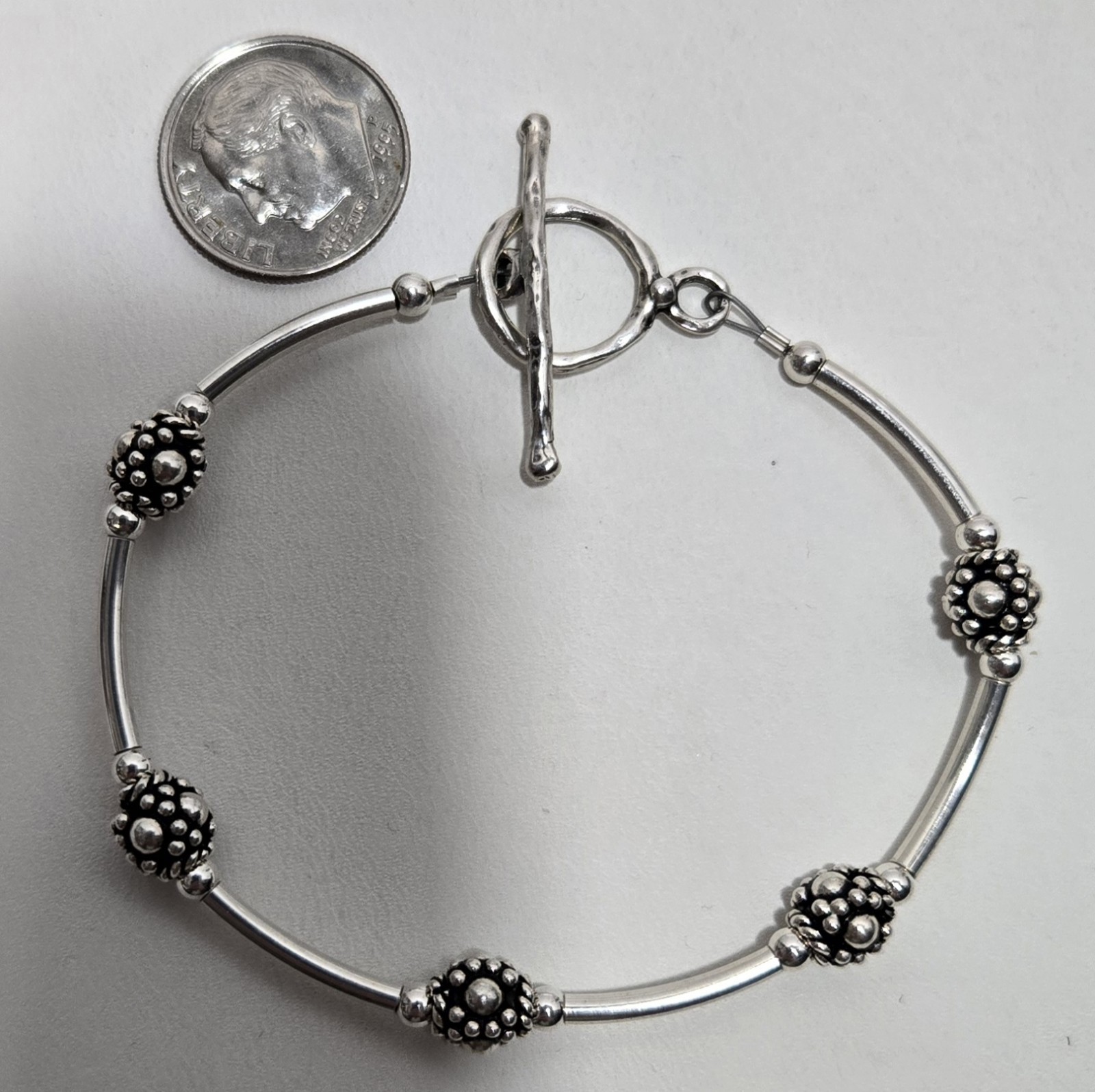 Sterling Silver Round & Tube Bead Bracelet 6 1/4 inch Toggle Clasp