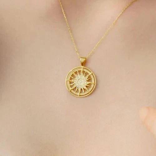 Sunburst Sun Pendant In 14K Yellow Gold Plated 1Ct Round Cut Simulated Diamond