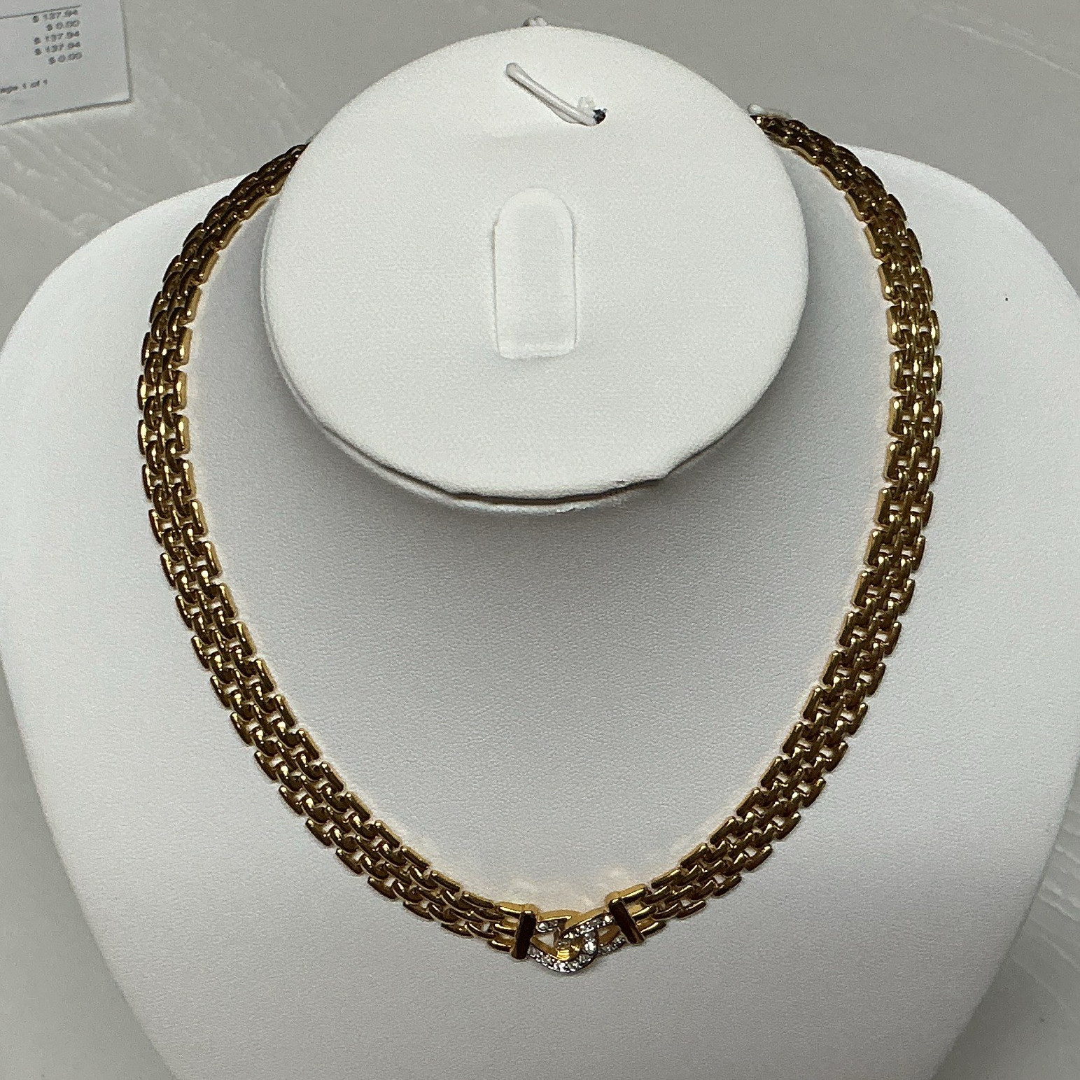 Gold Tone Multi-Row Link Chain Necklace Clear Crystal Pavé Swirl Box Clasp 18 in