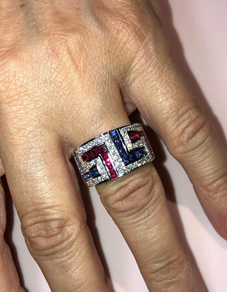 Beautiful Vivid Lab-Created Blue Sapphire & Queen Pink Ruby Key Wedding Ring