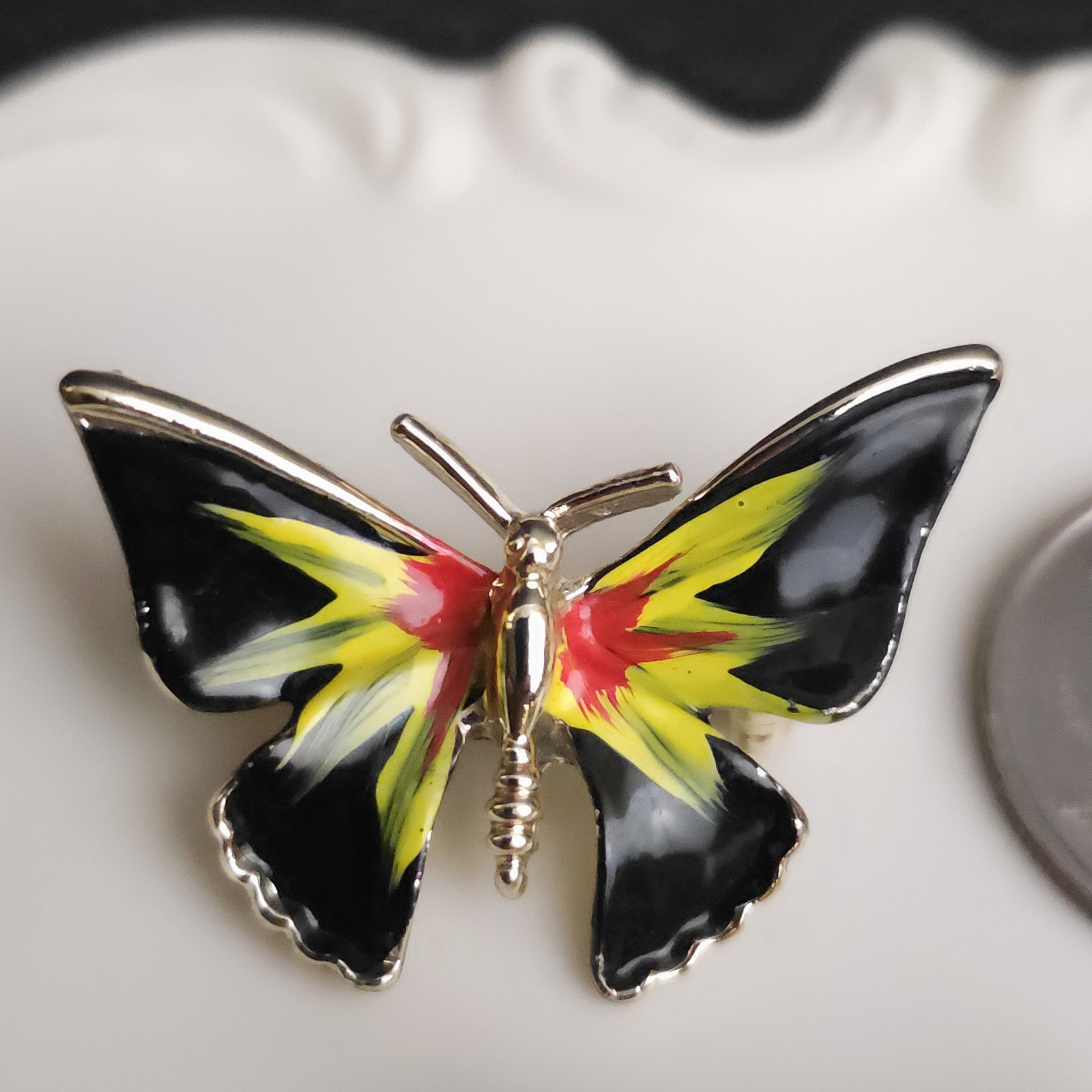 Vintage Black Yellow Red Enamel Butterfly Scatter Pins Brooch Set 2 Whimsy Fairy