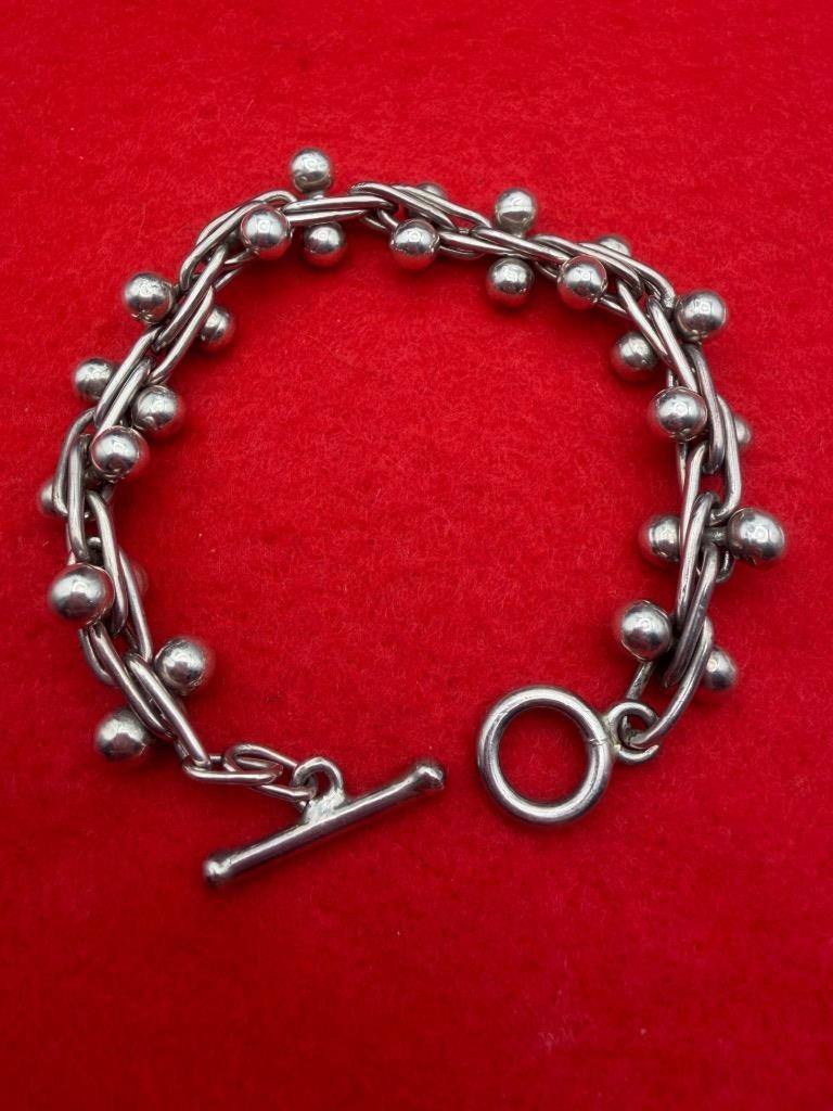 Vintage 925 Sterling Silver DNA Pattern Link Ball Bead Heavy Bracelet 8 1/2″