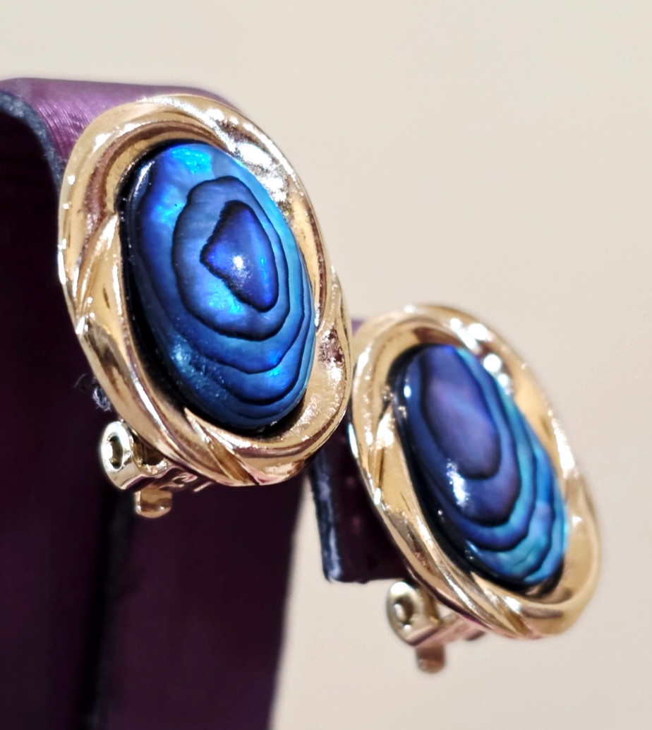 Blue Gold ARIKI PAUA Genuine Shell Palladium Plated Oval CLIP Earrings