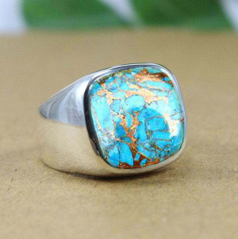Solid 925 Sterling Silver Natural Copper Turquoise Gemstone Men’s Unisex Ring
