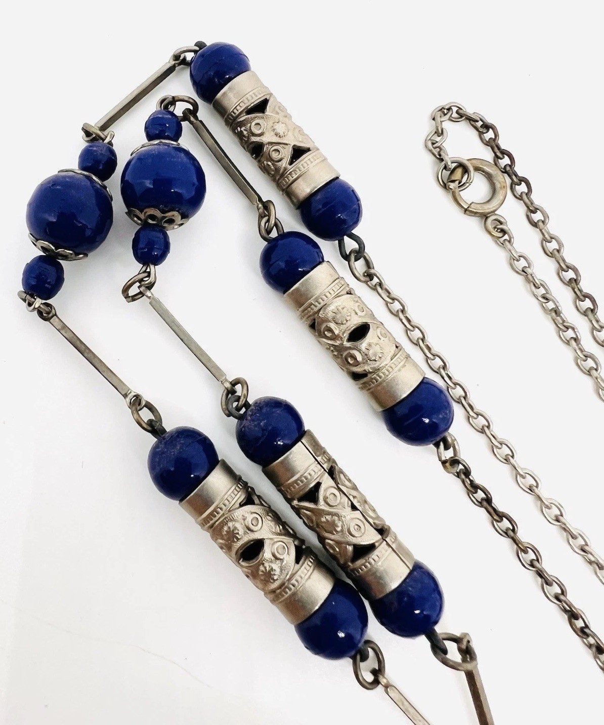 Long Art Deco Lapis Glass Beaded Sautoir Necklace 30 Inch Vintage Jewelry