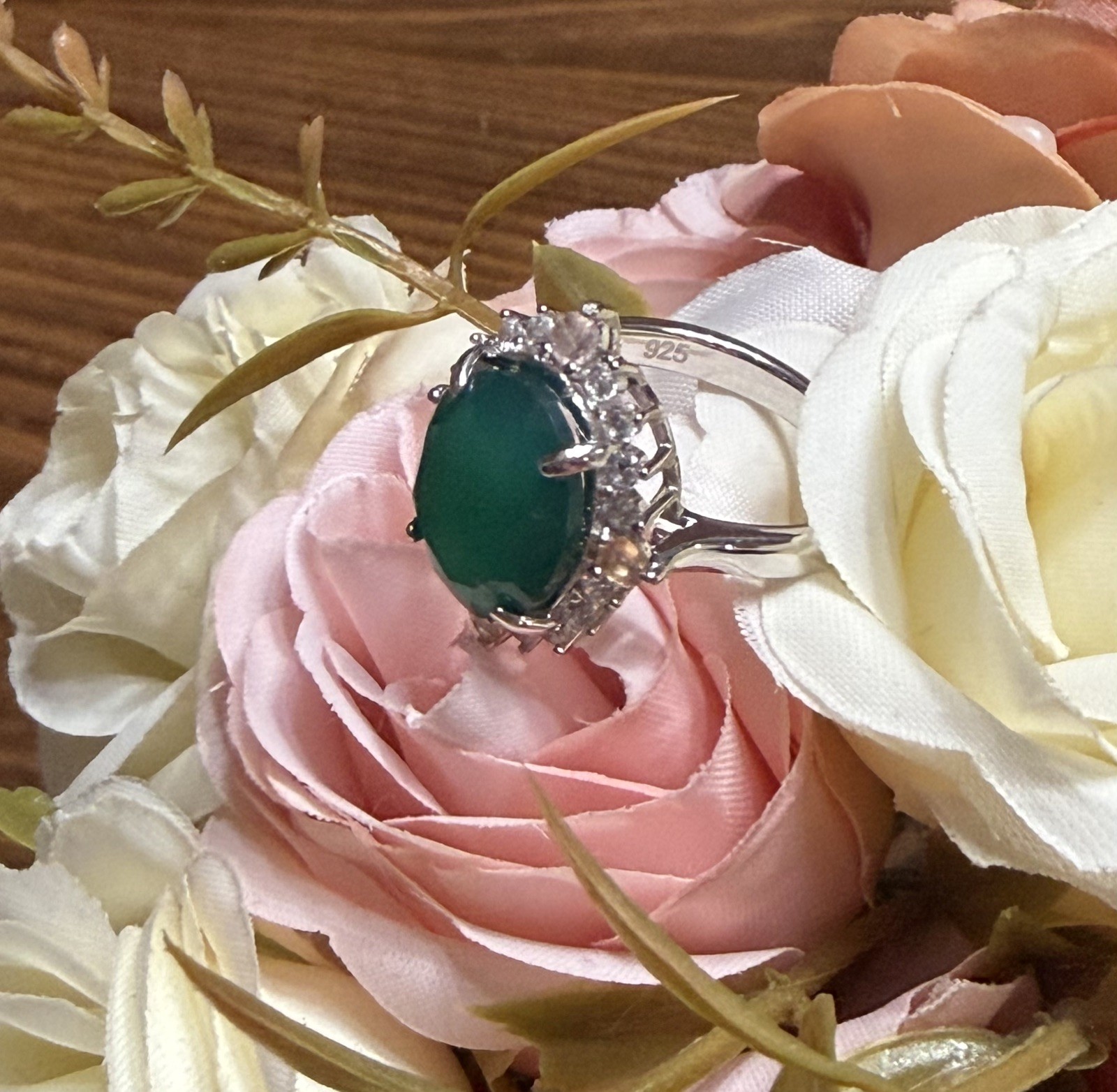 Stunning Natural Green Agate 4CT Sapphire & Zircon 925 Sterling Silver Ring Sz 6