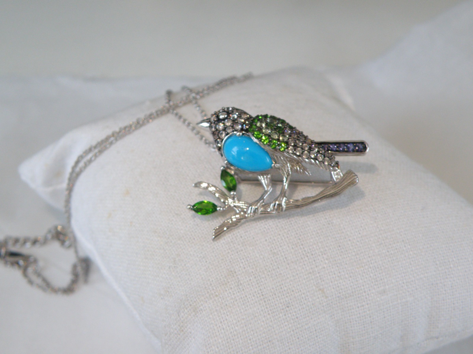 Victoria Wieck Sterling Silver 925 Turquoise Gemstone Bird Brooch Slide Necklace