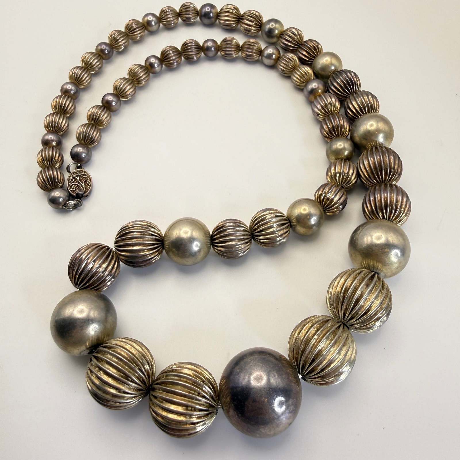 Sterling Silver Bead Necklace 108 Grams Graduated Ribbed Filigree Clasp