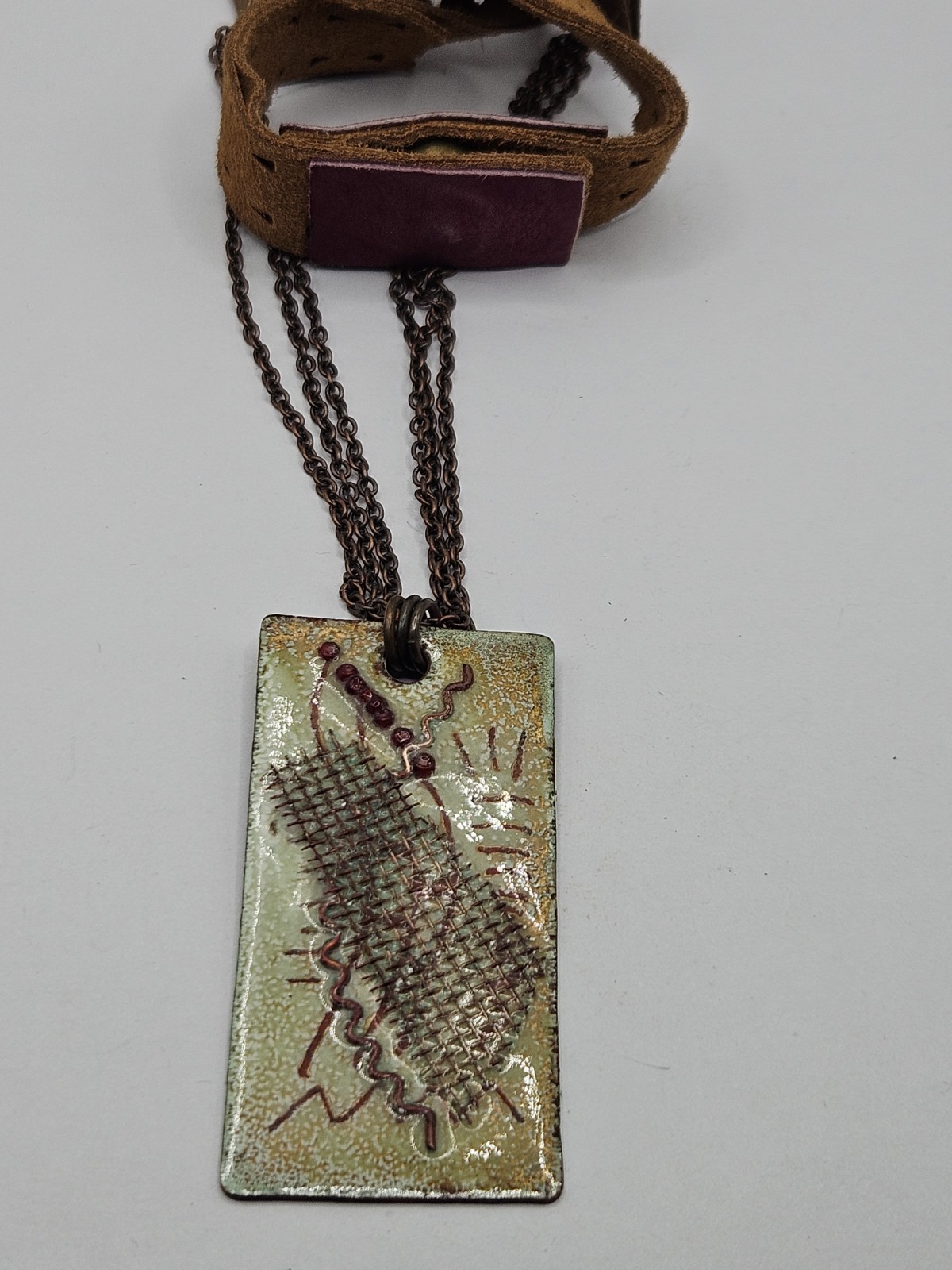 Artisan Modernist Enamel Metal Pendant Suede Leather Necklace 18″