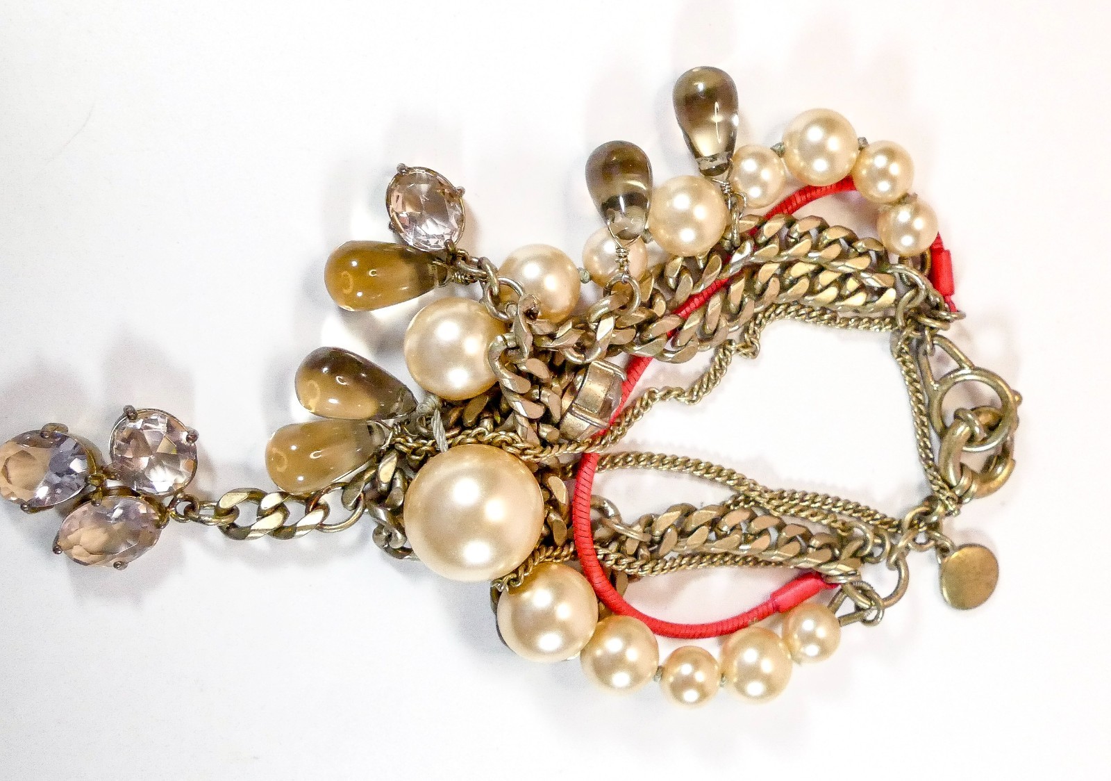 Signed J.Crew Multi-Strand Pearl & Crystal Statement Charm Bracelet