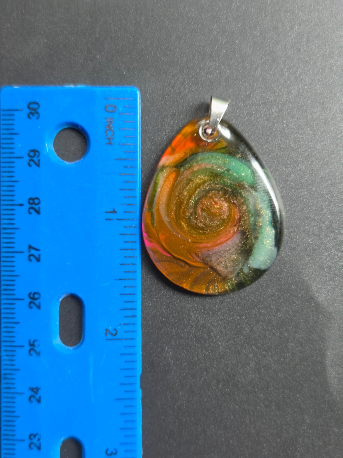 OOAK Aqua Orange Spiral Petri Effect Resin Teardrop Pendant N113