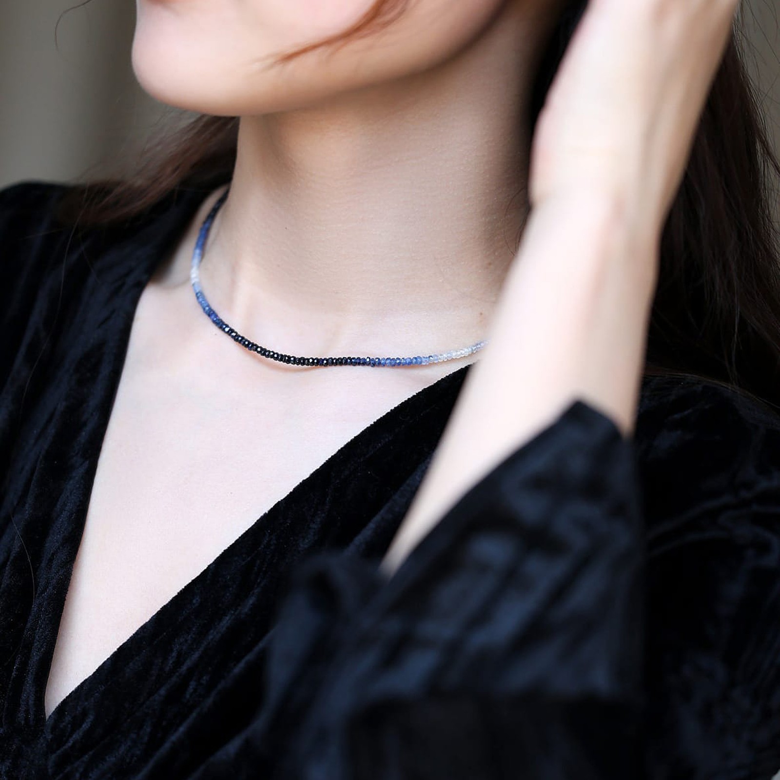 18K Gold Ombre Sapphire Choker, Gradient Blue Beaded Necklace, Gift for Her