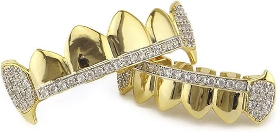 14K GP HipHop Teeth Dental Caps Grillz Top&Bottom Grills Set W/ Wax Real CZ
