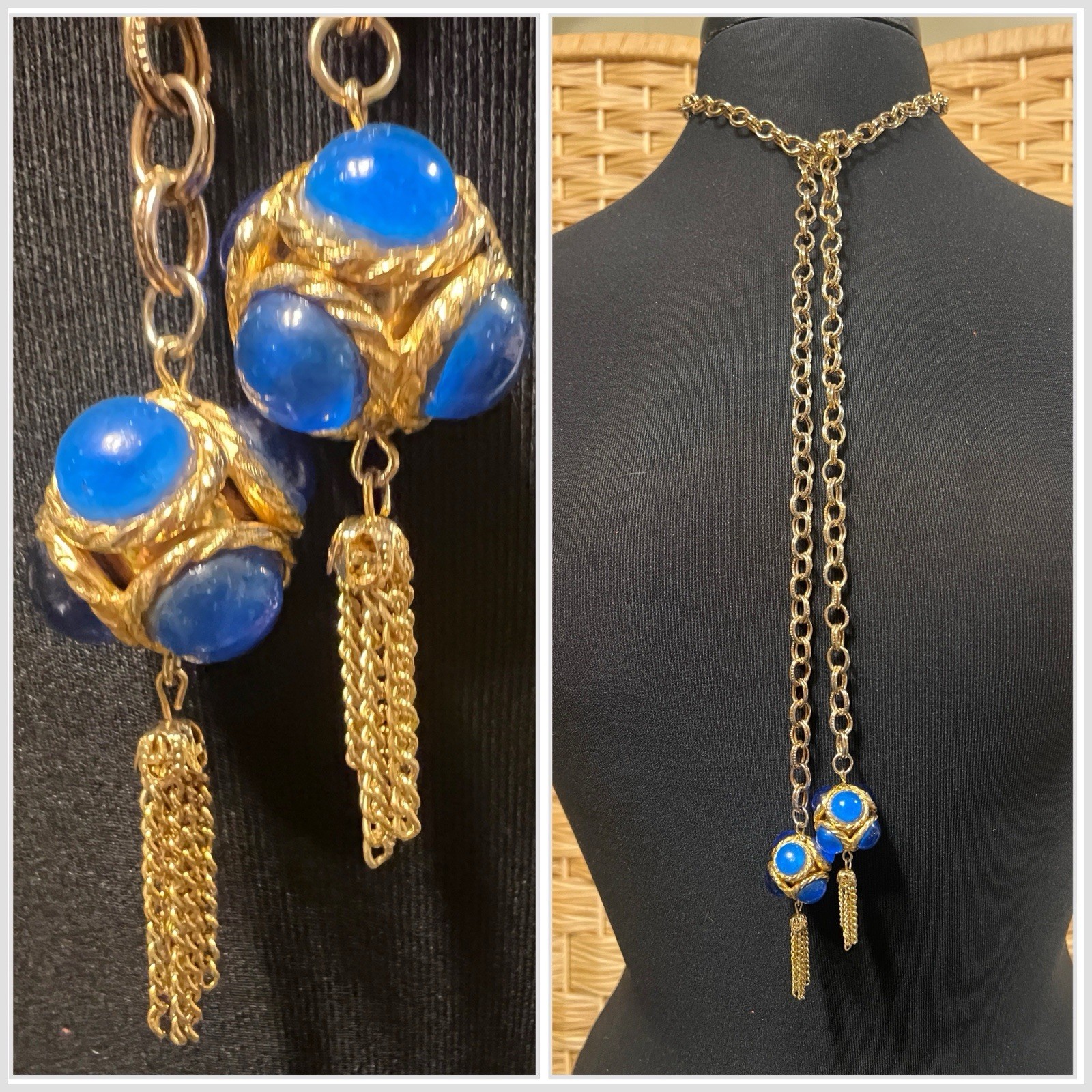 VTG 70s Sapphire Blue Mogul Glass Cabochon Lariat Tassel Necklace Belt Gold Tone