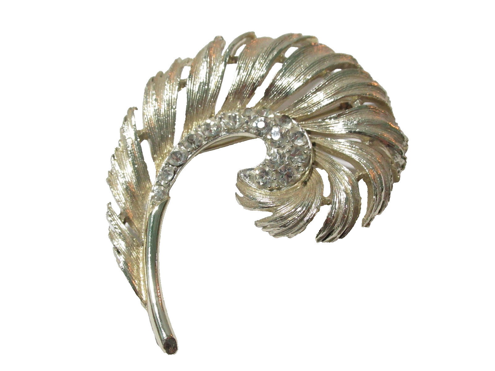 GOLD TONE FEATHER RHINESTONE BROOCH PIN SIGNED