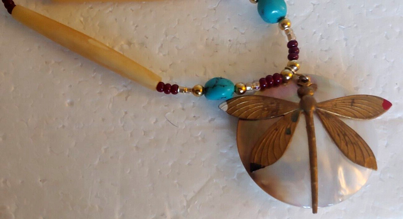Dragonfly Necklace / Abalone-Brass-Turquoise-Simulated Bone 20”