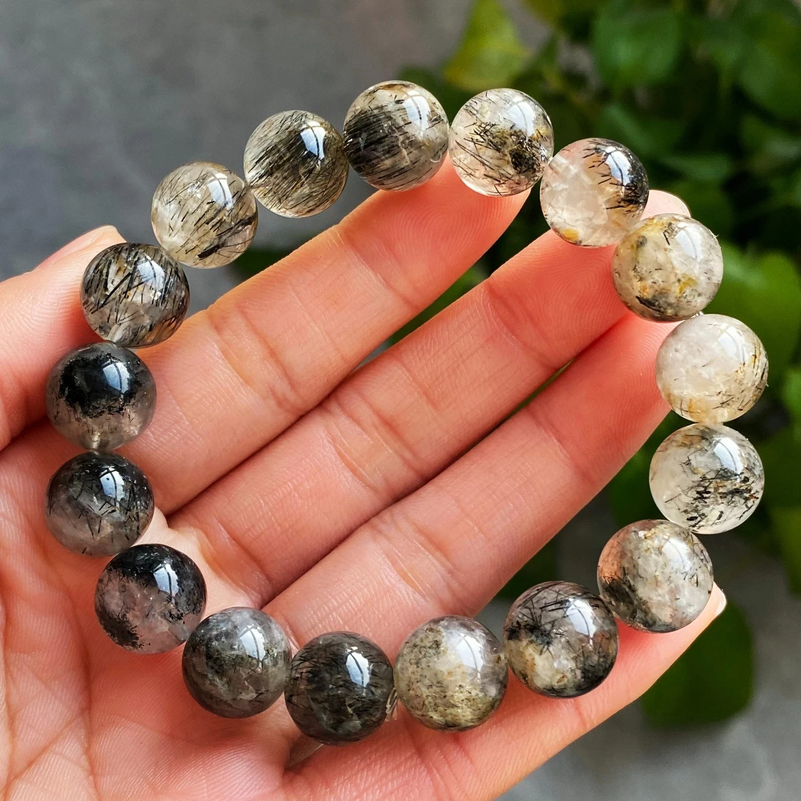 12.3mm Natural Black Rutilated Quartz Crystal Beads Bracelet C2718