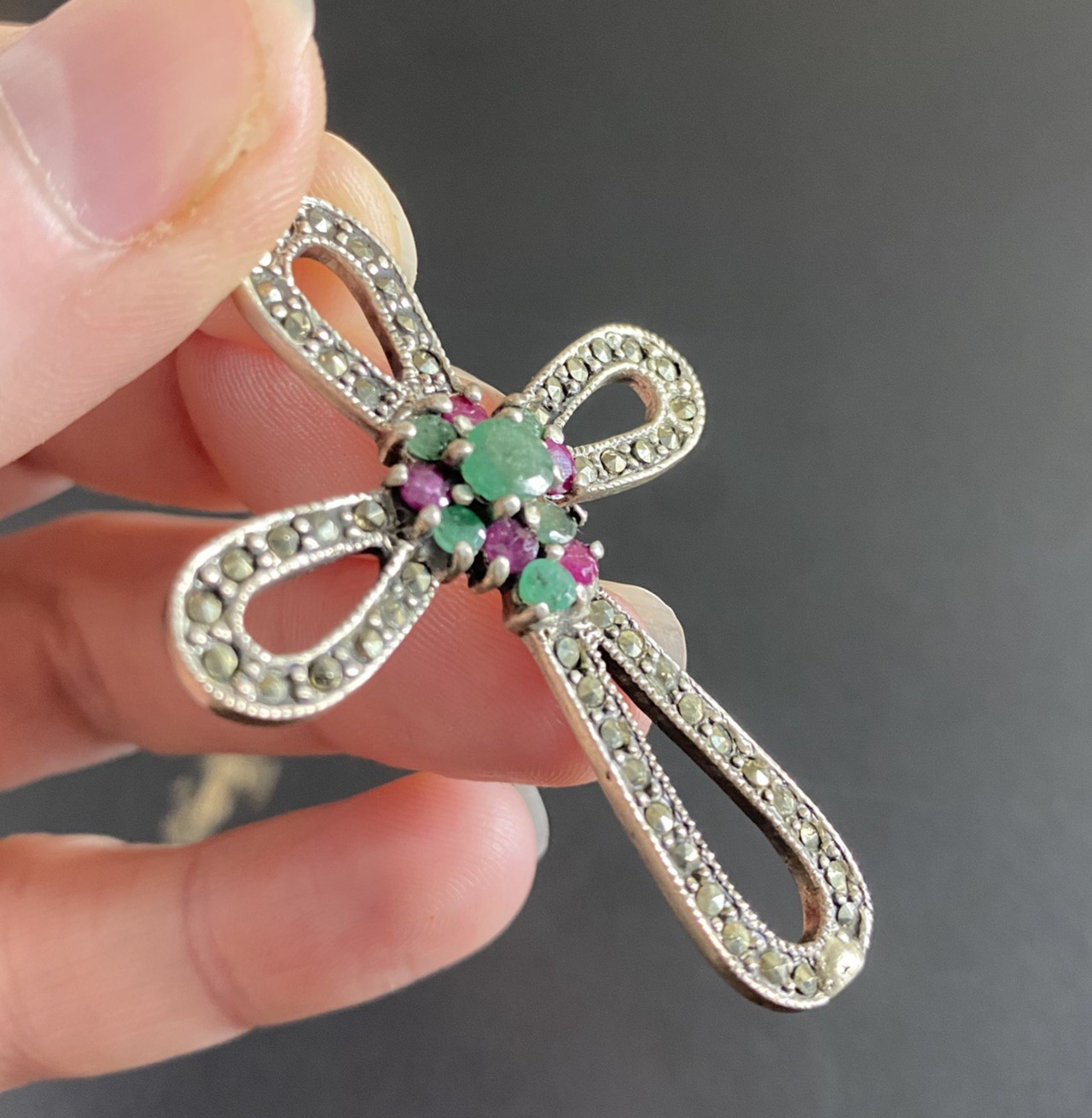 Sterling Silver Cross Pendant Large 925 Emerald Ruby Marcasite Gothic Religious
