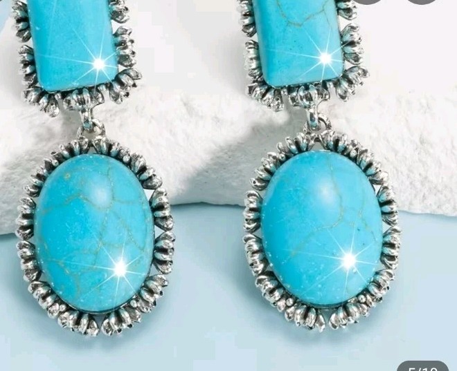 Bohemian Style Resin Turquoise Color Dangle Earrings. Silvertone ,Rinestones