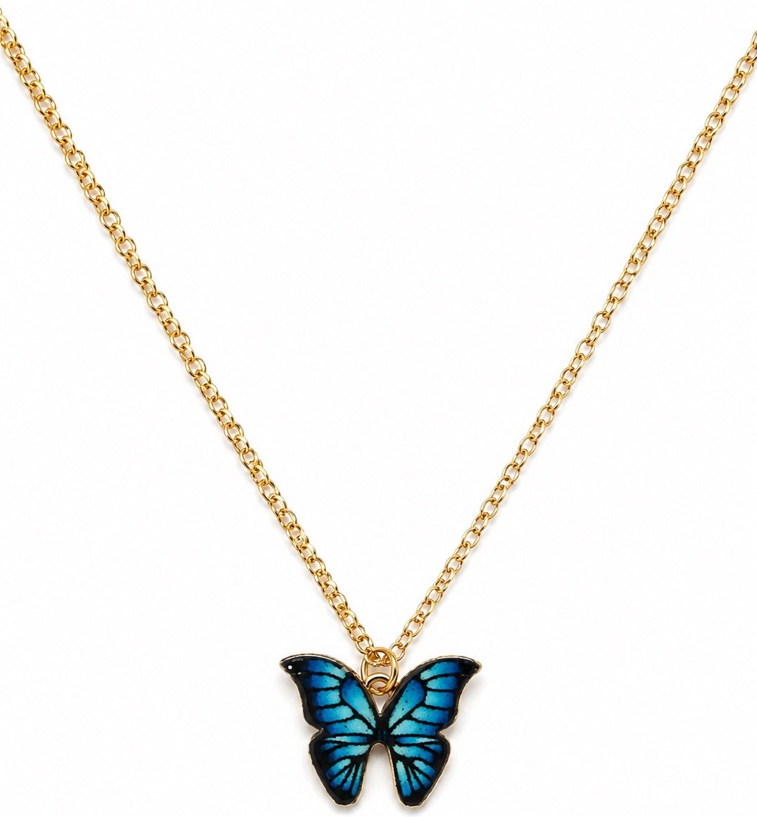 Blue Butterfly Pendant Necklace Gold Tone Chain Gift Box Included for Women