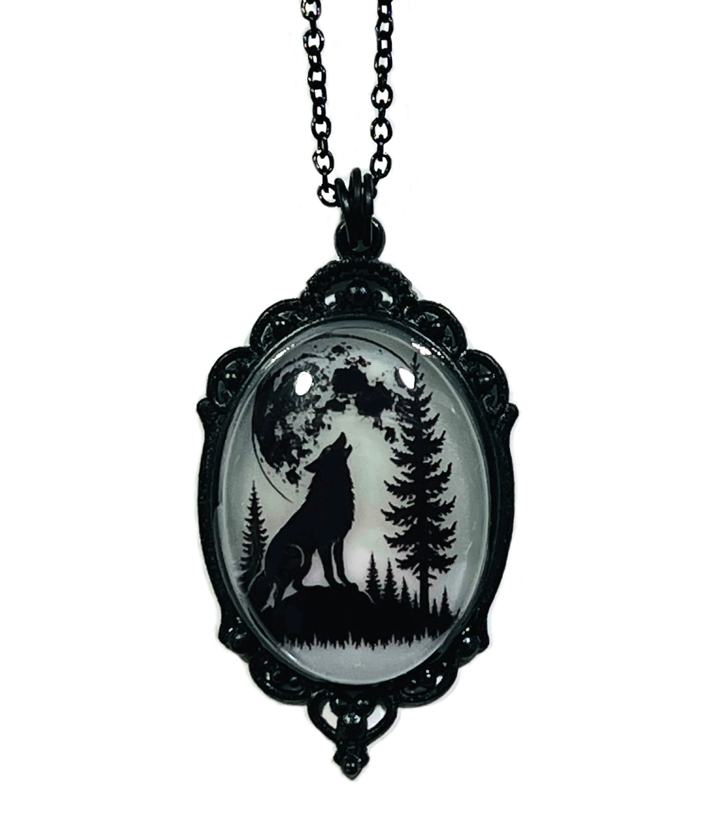 Wolf Howling at the Moon Aqua Blue Purple/Violet Glow in the Dark Necklace