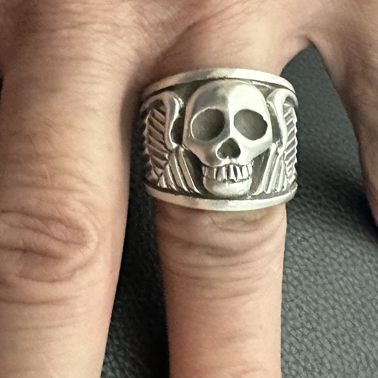 MJG STERLING SILVER WINGED SKULL RING @ 37 GR. Size 11 1/2. BIKER. GUITAR PLAYER