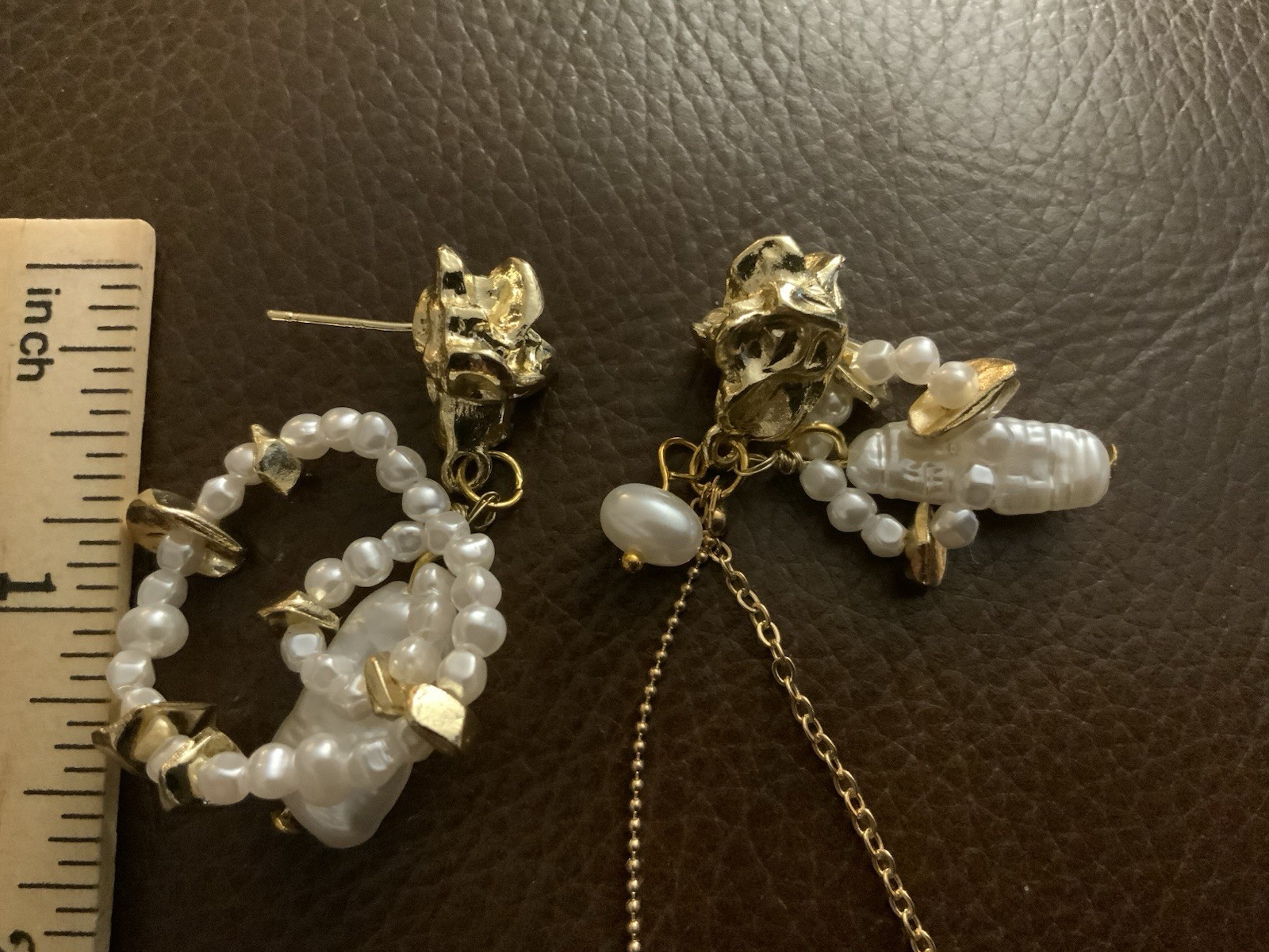 Anthropologie Pearl Hoop Mismatch Molten Earrings Nugget Gold Stud Bead Chain