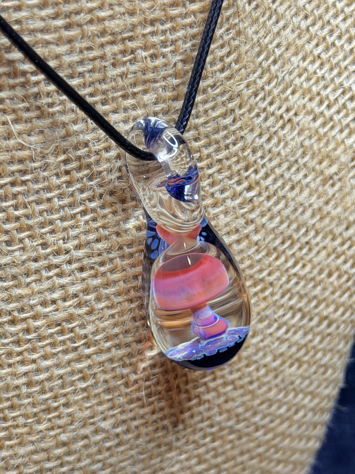 Glass Teardrop Mushroom Pendant in reds and purples with cobalt blue base