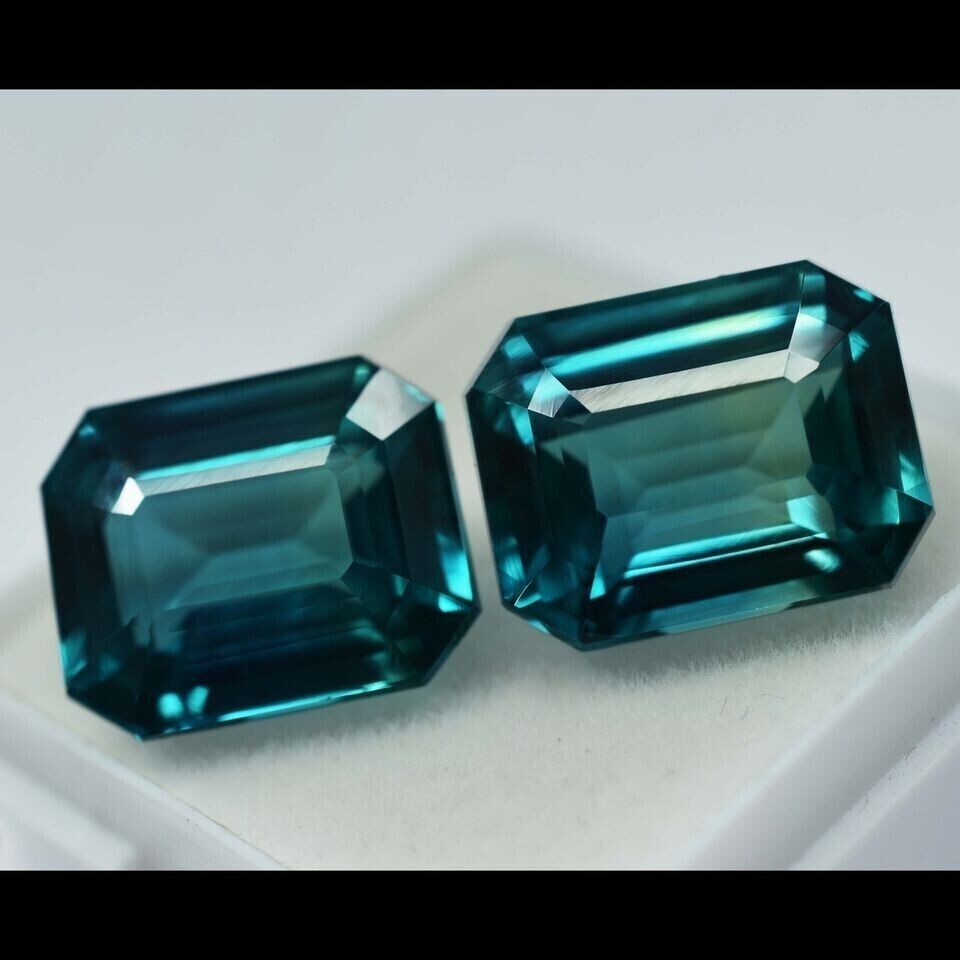 CERTIFIED 17.24 Ct Natural Sapphire Emerald Cut Bluish Green Loose Gemstone Pair