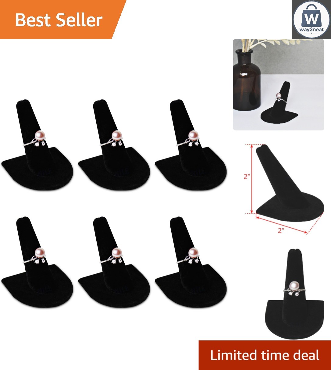 Elegant 6-Pack Black Velvet Finger-Shaped Ring Display Stand Set for Showcases