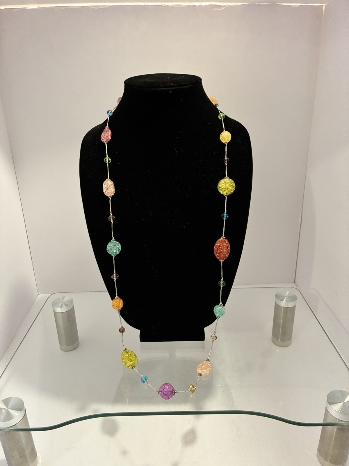 Premier Designs Multicolor Crackle Bead Necklace Rainbow Station Long 38”