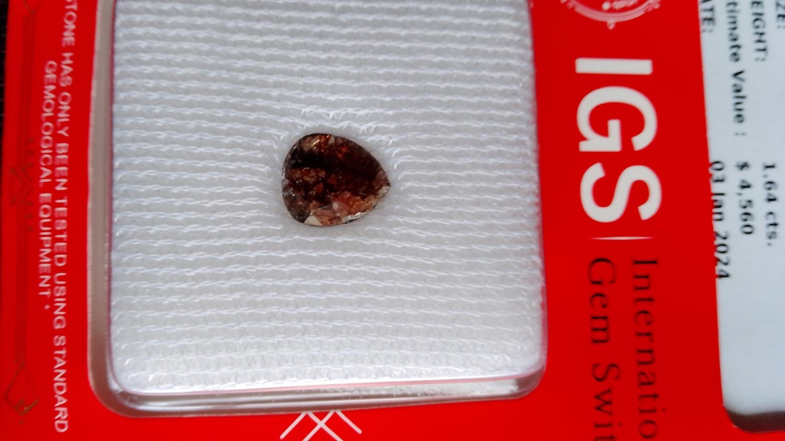 1.64ct Cognac Diamond, NATURAL PEAR ROSE CUT, new/sealed, IGS certified