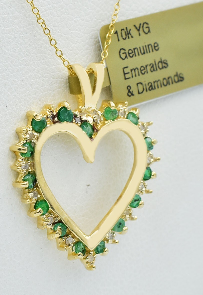 GENUINE 0.45 Cts EMERALD & DIAMOND HEART PENDANT 10k GOLD – New With Tag