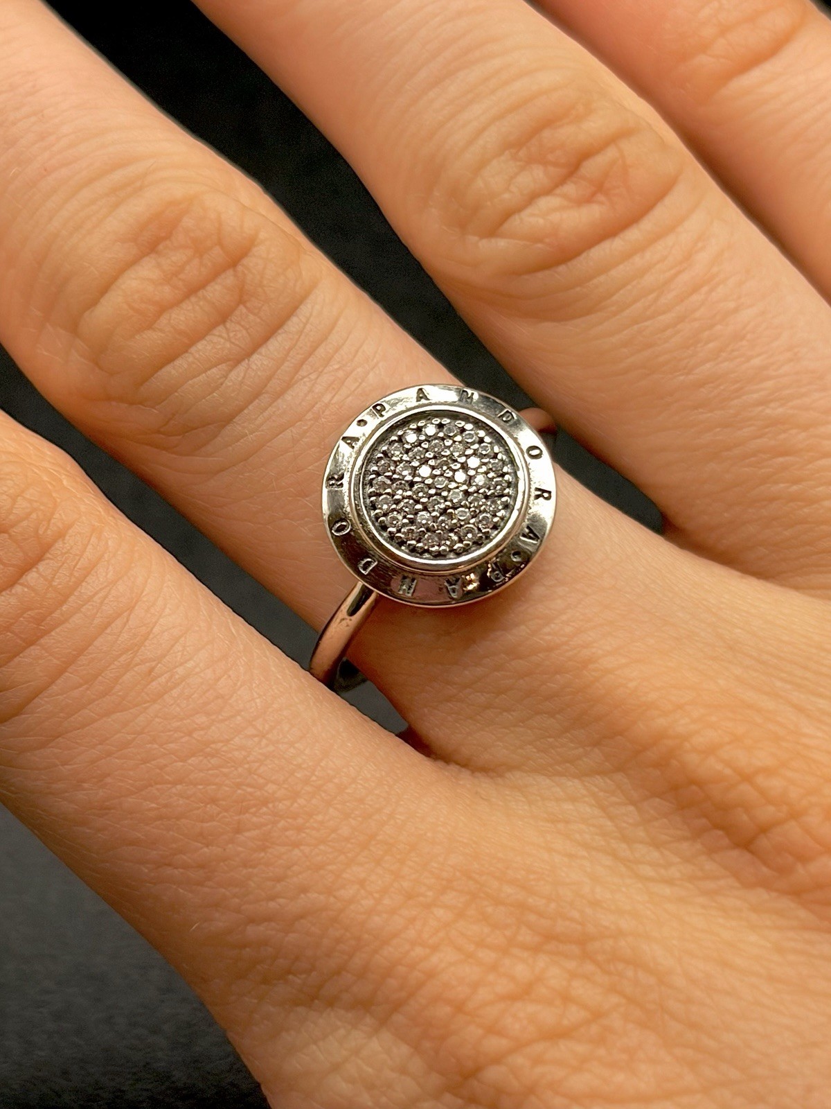 PANDORA SIGNATURE LOGO PAVE 925 STERLING SILVER RING BAND CZ SIZE 7 ALE 54