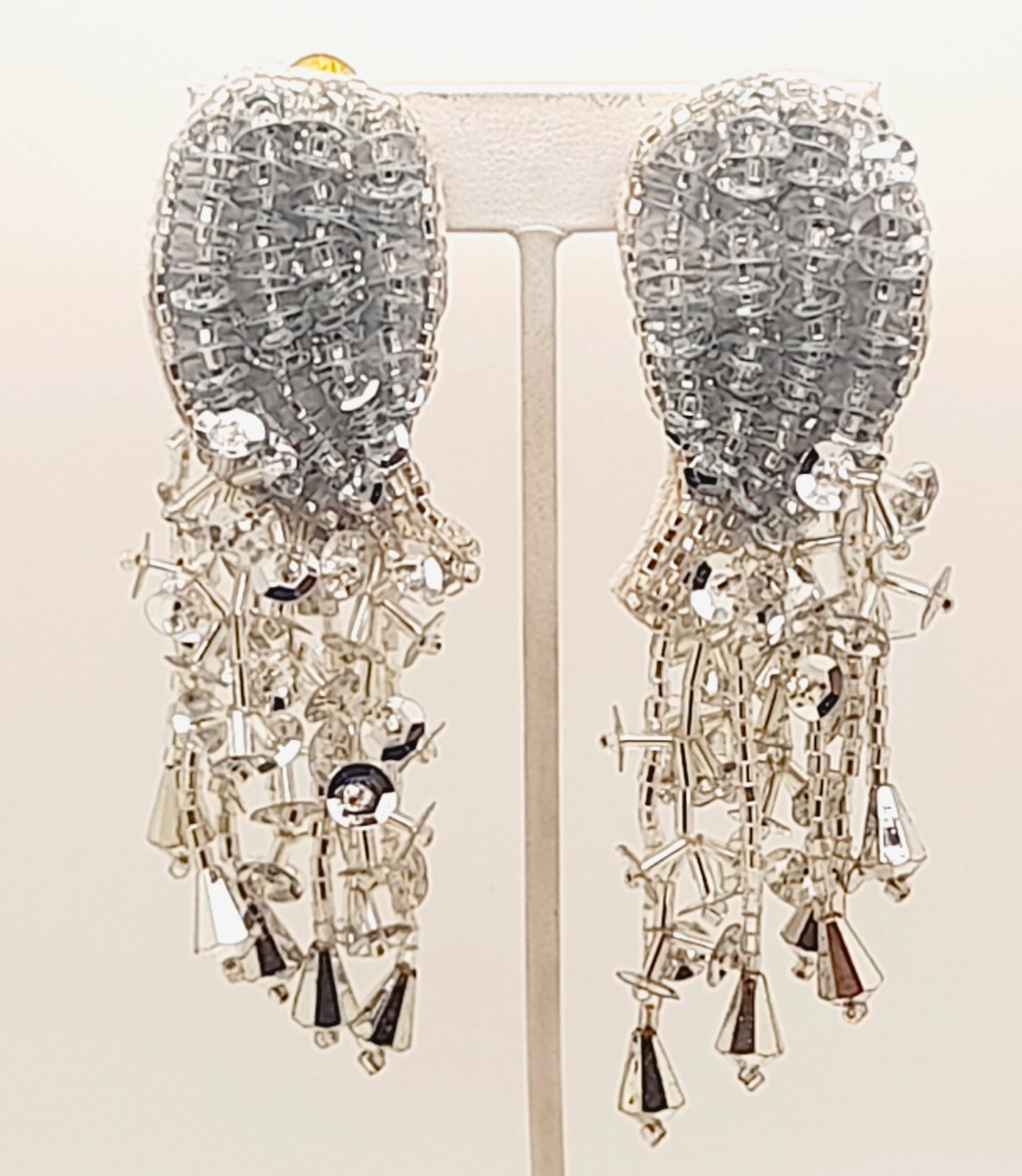Vintage Handmade silver seed beaded sequins clip on drop/Dangle fashion earrings