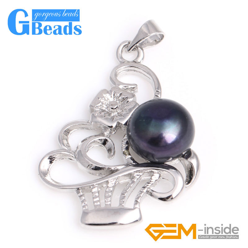 White Gold Plated Basket Shape Freshwater Pearl Pendant Free Shipping 10-11mm
