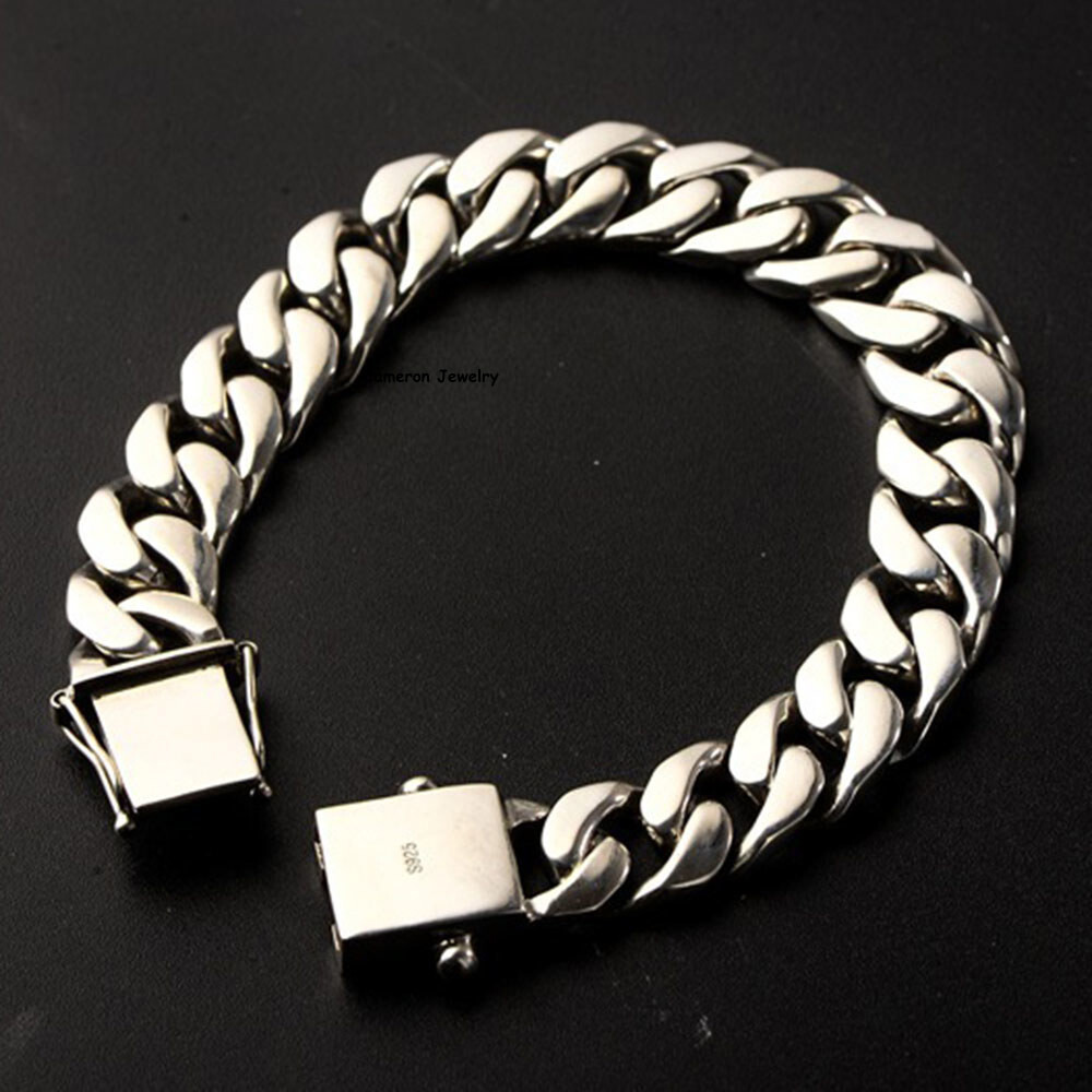 Real S925 Sterling Silver Chain Men 12mm Curb Cuban Link Bracelet 7.9-8.3inch