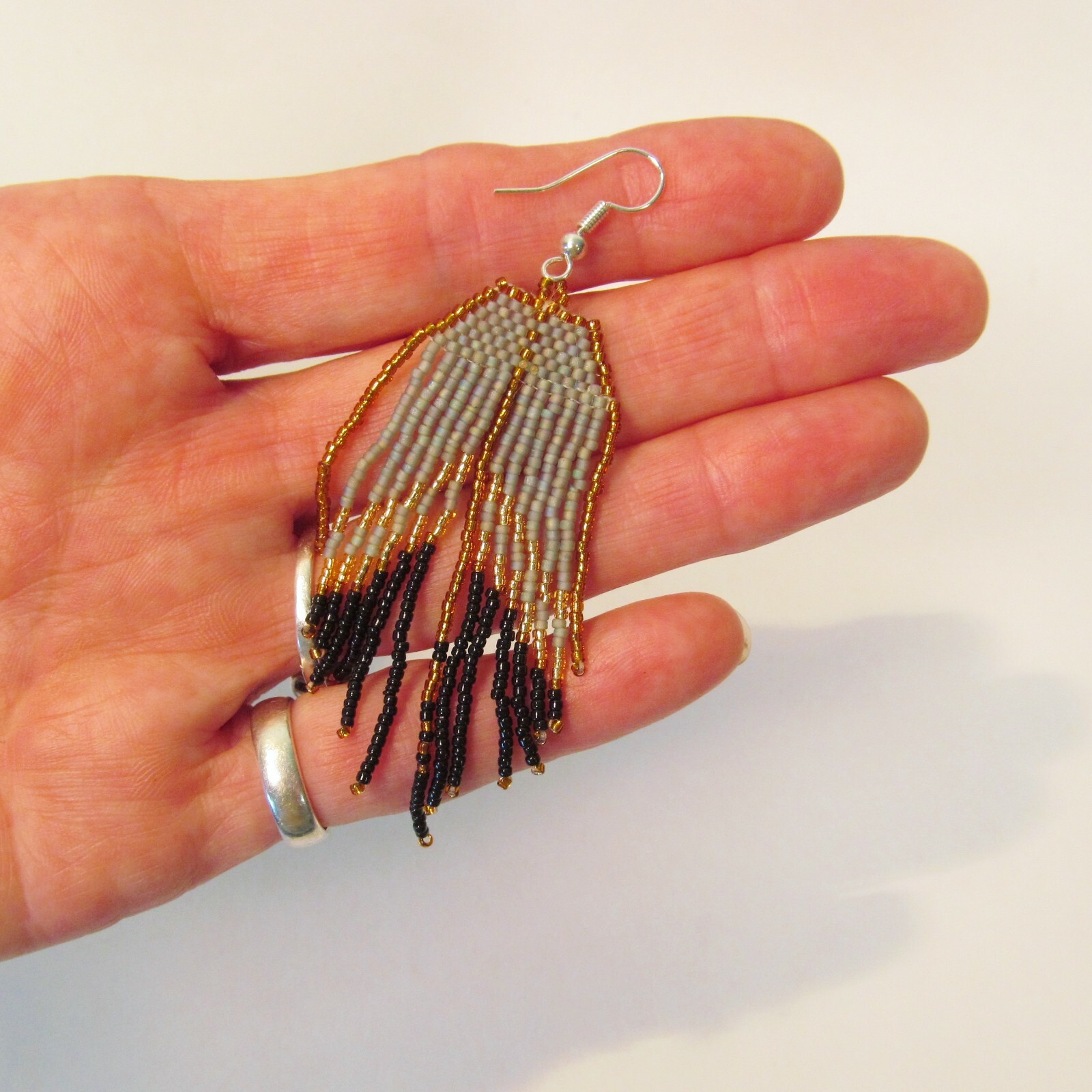 3″ LONG Handmade Black Silver Gold Color Chandelier Boho Seed Bead Earrings
