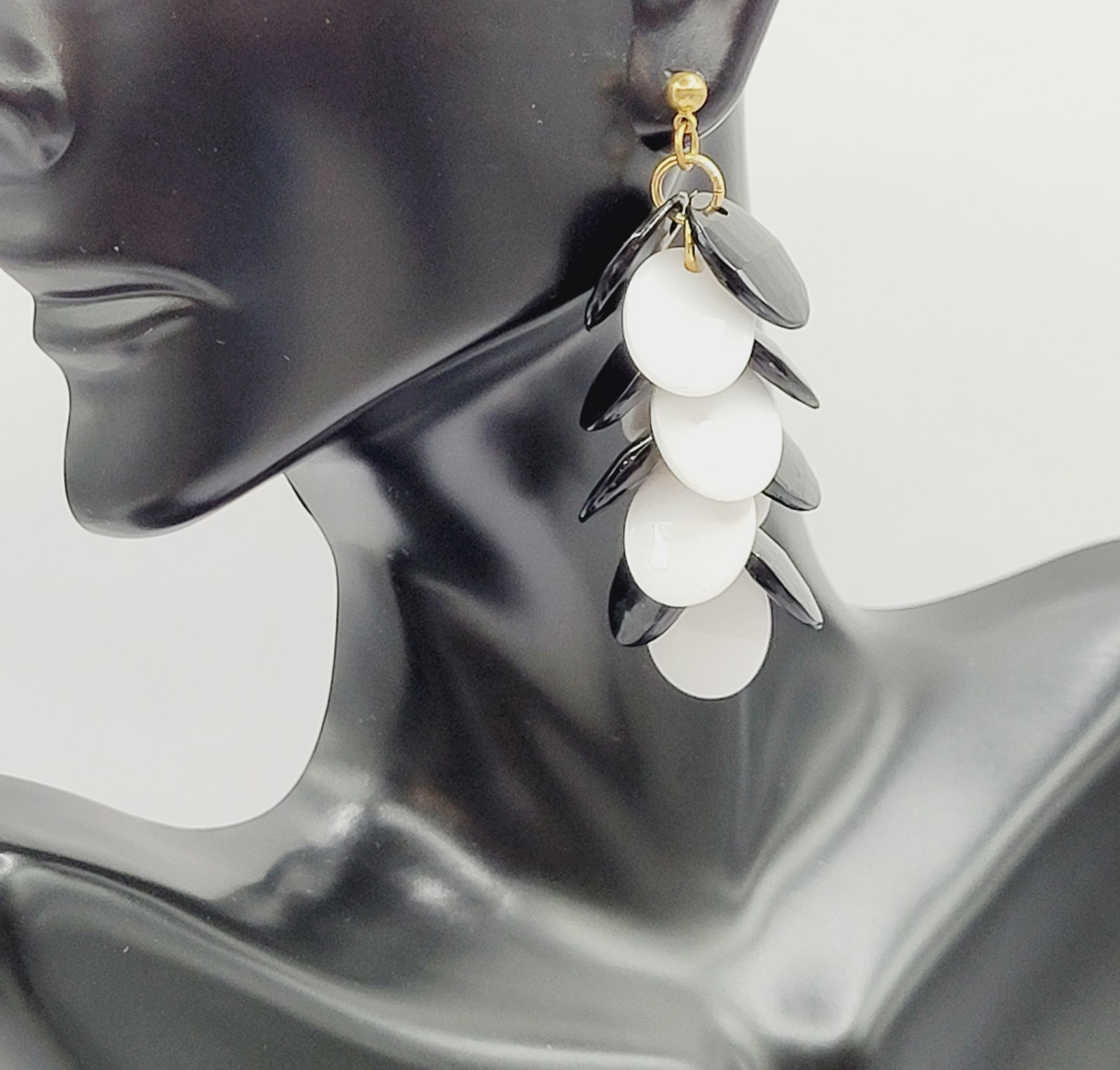 Black and White Flat Faceted Disc Dangle Long Cha Cha Style Vtg Pierced Earrings
