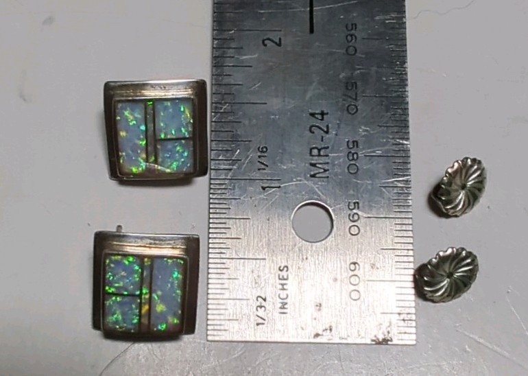 Native American Square Opal Inlay Stud Earrings Signed With C And Other Emblem