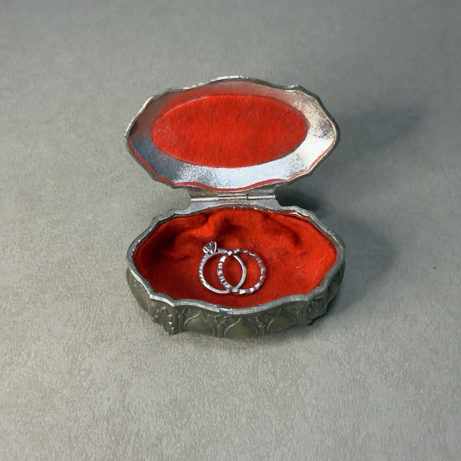 Vintage Japan Rose Trinket Box Metal Jewelry Ring Box Red Velvet Lined Hinged