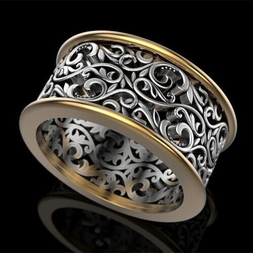 Carved Dainty Wide Antique Vintage Ring Silver plated Old Edwardian Wedding Band
