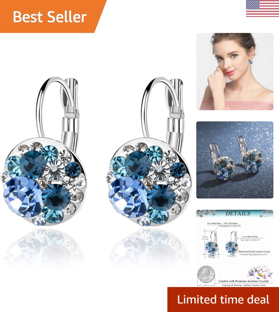 Stunning Dangle Earrings with Multicolor Austrian Crystals – Gift Box Included
