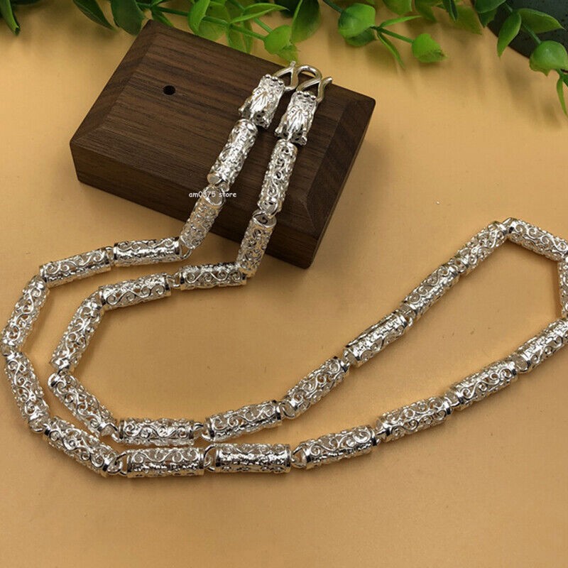 Pure 999 Fine Silver Chain 6mm Dragon Head Propitious Cloud Tube Beaded Necklace