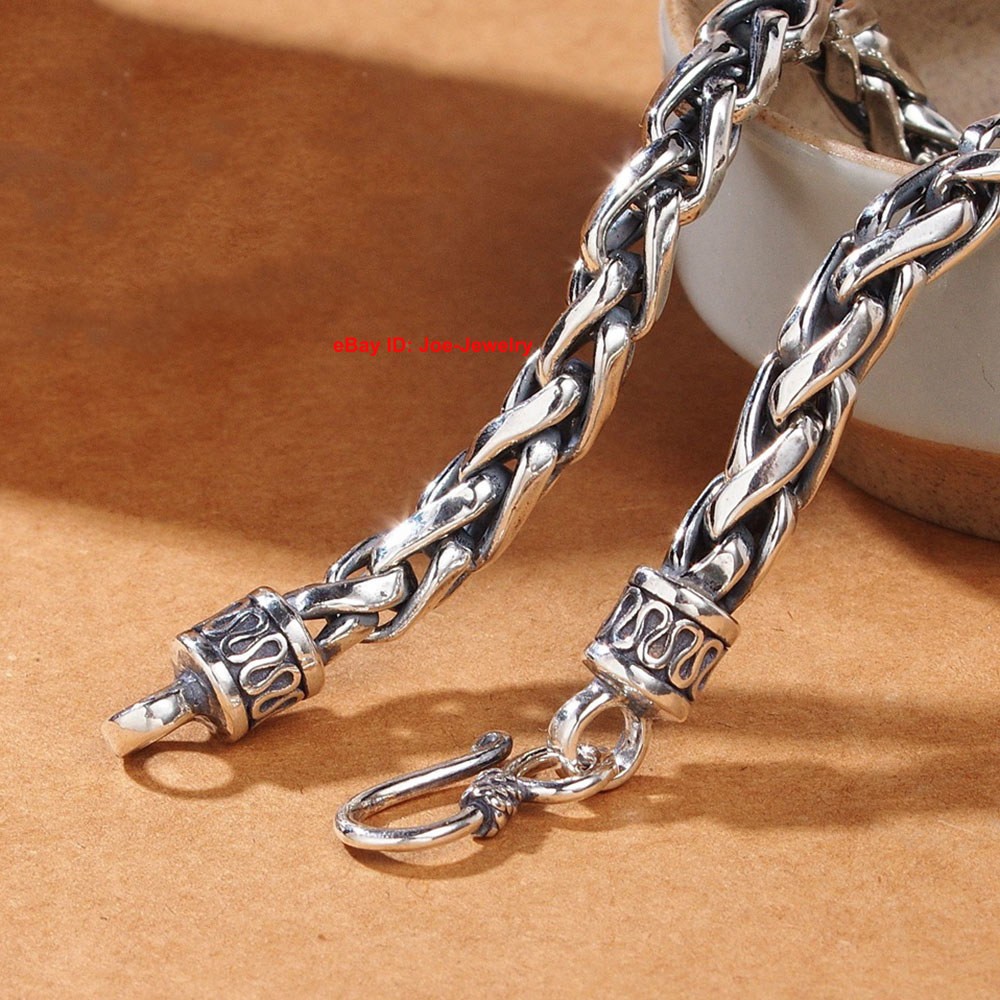 Real 925 Sterling Silver 8mm Round Wheat Link Men’s Bracelet 7.87-8.66inch