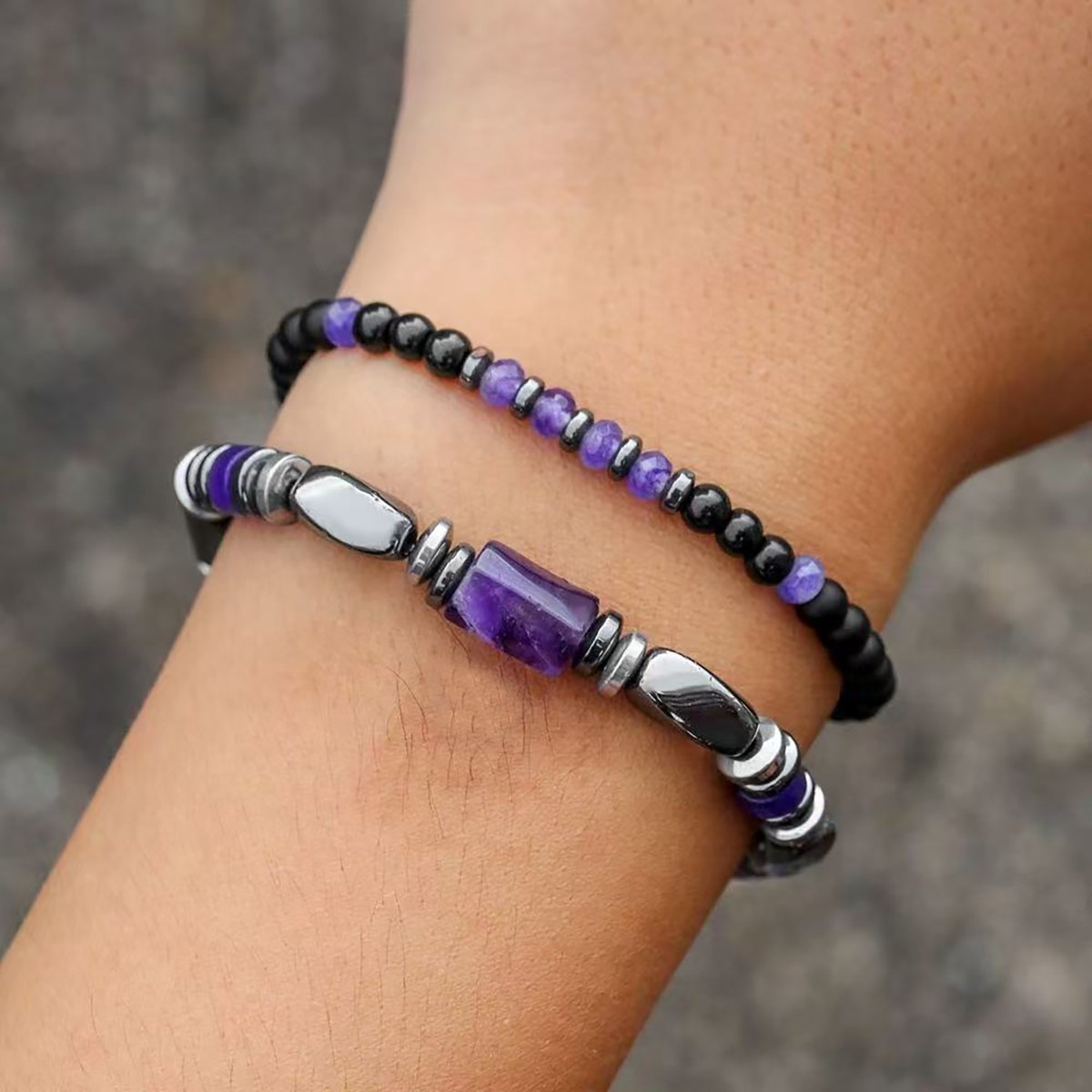 Amethyst Onyx Men Bracelet 2Pcs Set 4mm Stackable Natural Stone Beads For Son